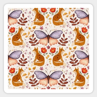 Boho Folk Art // Butterfly and Foxes// Cream Background Sticker